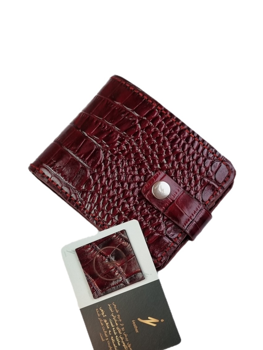 کیف پول و کارت جیبی دکمه دار/ مردانه/زنانه / چرم طبیعی گاوی/ دستدوز/ زرشکی/ جی چرم تبریز