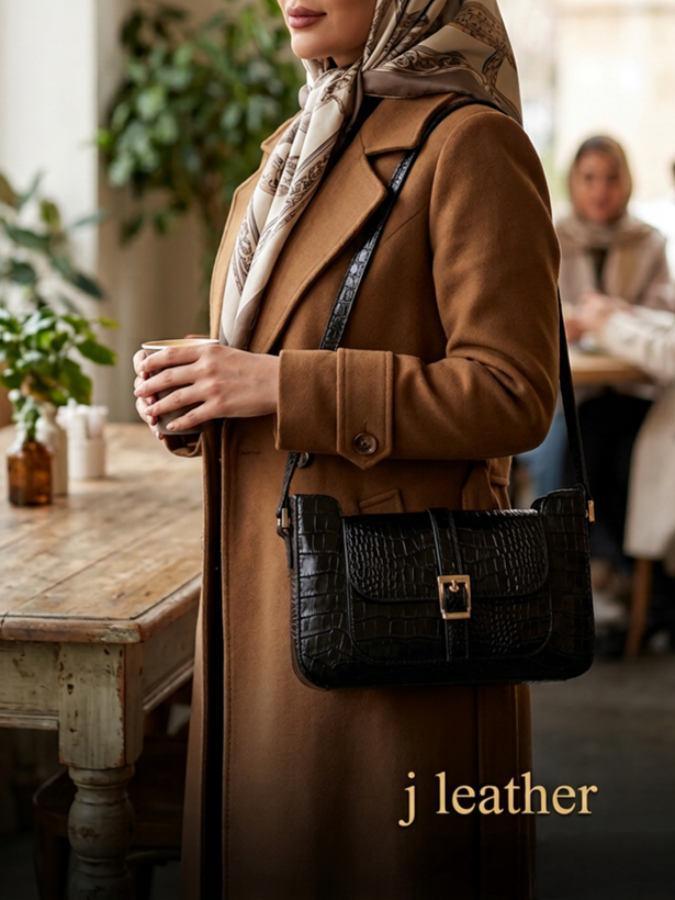 کیف دوشی زنانه/ چرم طبیعی گاوی اعلای تبریز/ دستدوز/ مشکی کوروکو/ جِی چرم تبریز