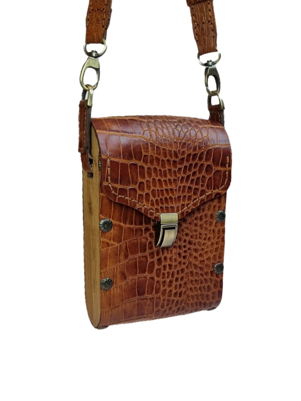 کیف دوشی چرم طبیعی گاوی دستدوز با طبله چوبی/ جی چرم تبریز/ عسلی/ زنانه/ دخترانه/ اسپورت