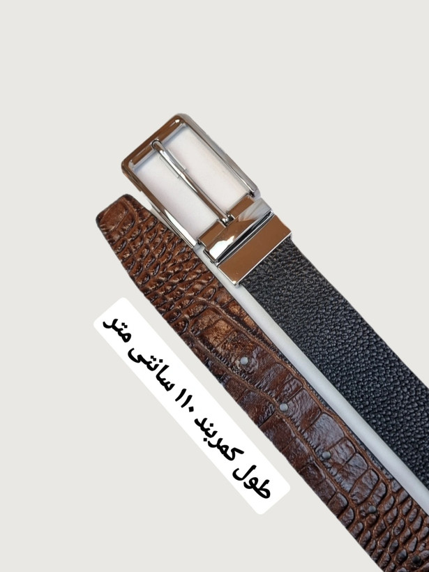 کمربند مردانه چرم طبیعی گاومیش اعلای تبریز/ دورویه با سگک چرخشی گازگیردار/ قهوه ای/ مشکی/ جی چرم تبریز