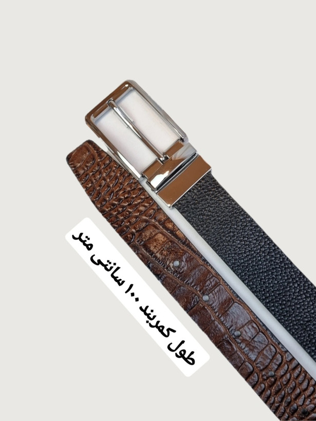 کمربند مردانه چرم طبیعی گاومیش اعلای تبریز/ دورویه با سگک چرخشی گازگیردار/ قهوه ای/ مشکی/ جی چرم تبریز