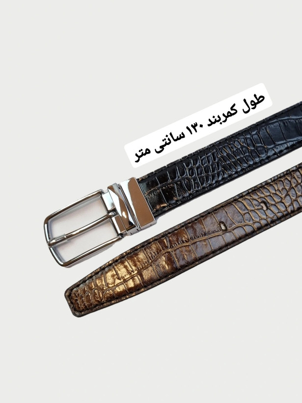 کمربند مردانه دورویه/ چرم طبیعی گاوی اعلای تبریز/ با سگک چرخشی/ دستدوز/ قهوه ای/ مشکی/ جِی چرم تبریز